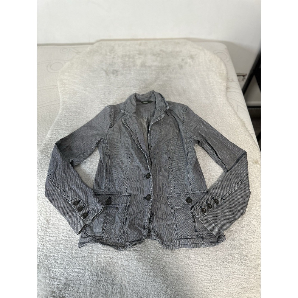 Eddie Bauer Women's Blue Striped Cotton Denim Blazer Jacket Size Medium